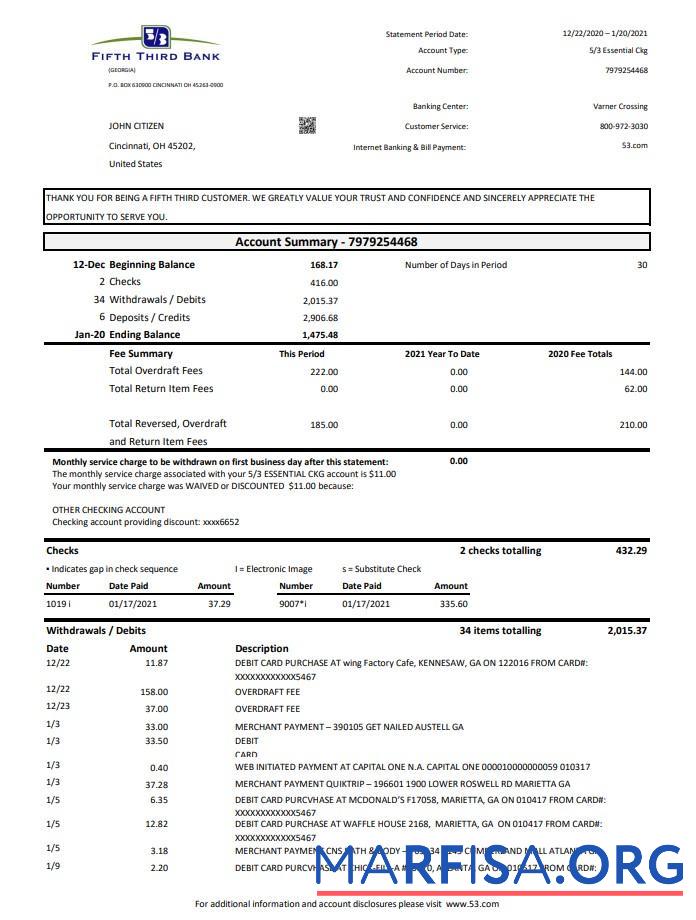Printable USA Fifth Third bank statement word sample